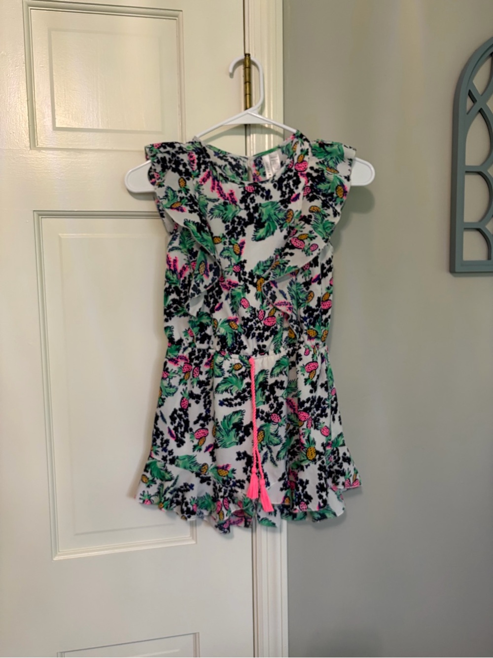 Japna Kids White Floral Romper with Pink and Green Accents